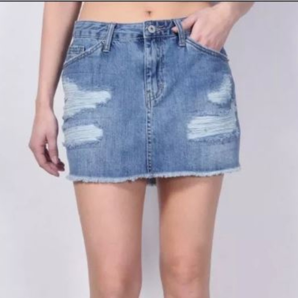 Medium Wash Destructed Denim Skirt